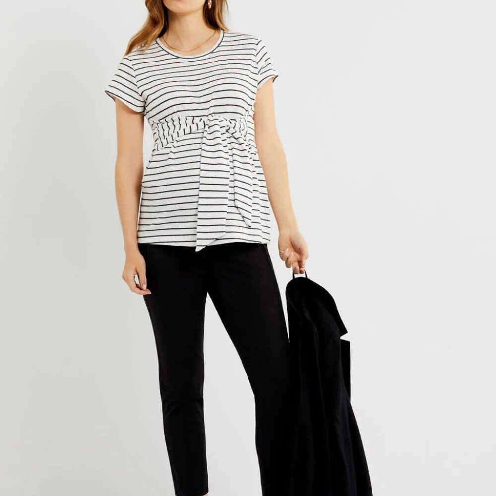 A Pea in the Pod TOP Size SMALL TIE FRONT TEXTURED MATERNITY Black White Stripe